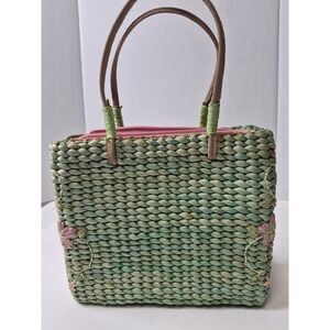 Vintage Woven Cornhusk Floral Embroidered Tote Bag Green Pink Polka Dot Lining